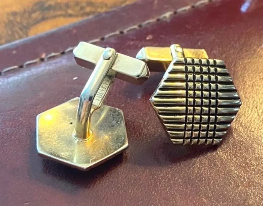VTG Swank Black and Gold Tone Check Pattern Cufflinks